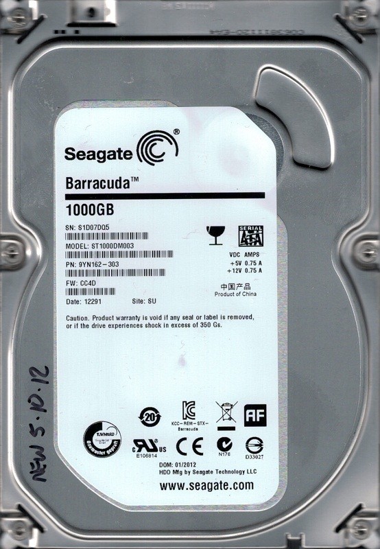 ST1000DM003 P/N: 9YN162-303 F/W: CC4D SU S1D Seagate 1TB Desktop Hard Drive