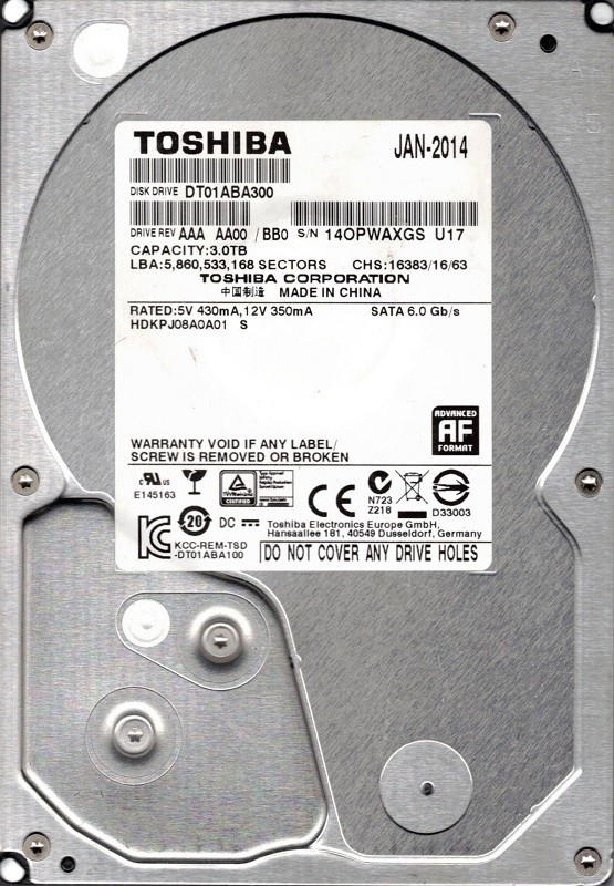 Toshiba DT01ABA300 AAA AA00/BB0 P/N: HDKPJ08A0A01 3TB