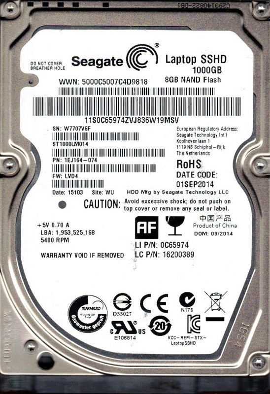 ST1000LM014 P/N: 1EJ164-074 F/W: LVD4 WU W77 Seagate 1TB Laptop SSHD
