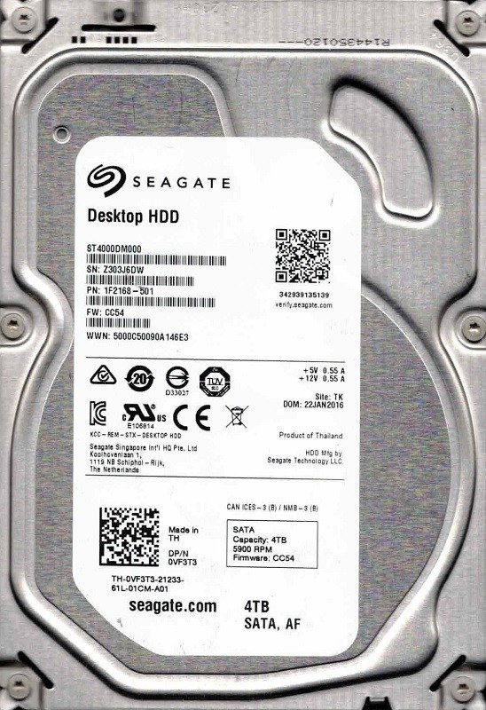 ST4000DM000 P/N: 1F2168-501 F/W: CC54 TK Z30 JAN 2016 Seagate HDD 4TB