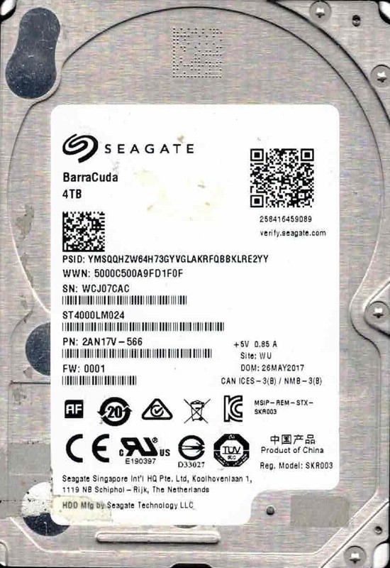 ST4000LM024 F/W: 0001 P/N: 2AN17V-566 WU WCJ0 MAY 2017 Seagate 4TB
