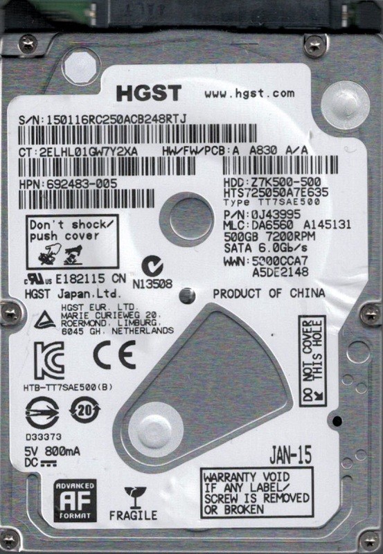 HTS725050A7E635 P/N: 0J43995 MLC: DA6560 China HGST 500GB