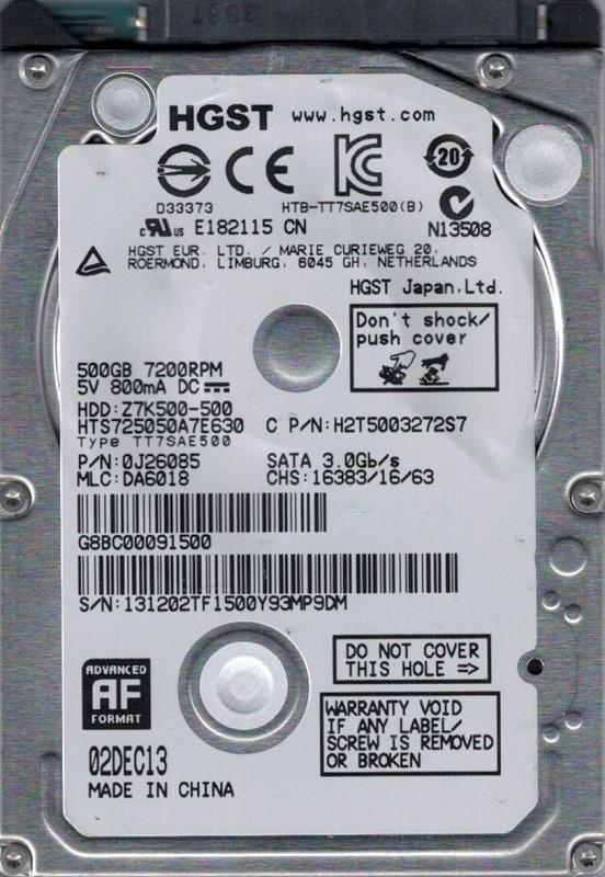 HTS725050A7E630 MLC: DA6018 P/N: 0J26085 China HGST 500GB