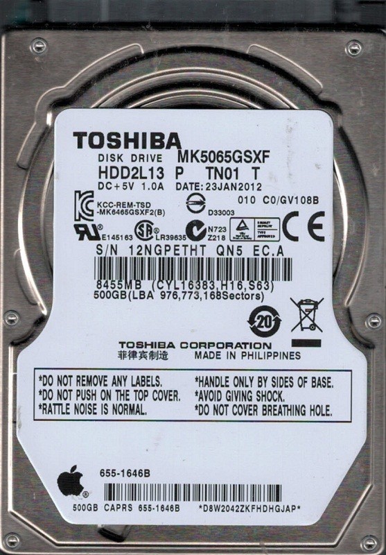 Toshiba MK5065GSXF 500GB HDD2L13 P TN01 T MAC 655-1646B F/W: C0/GV108B