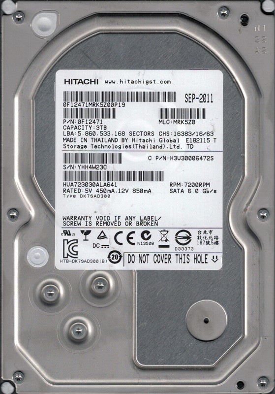 HUA723030ALA641 P/N: 0F12471 MLC: MRK5Z0 Hitachi 3TB 