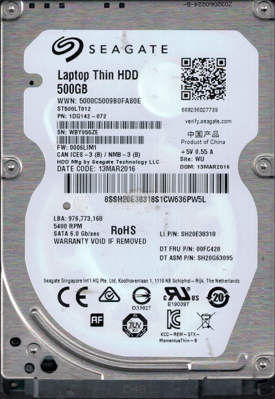 ST500LT012 P/N: 1DG142-072 F/W: 0006LIM1 WU WBY Seagate Laptop Thin HDD 500GB