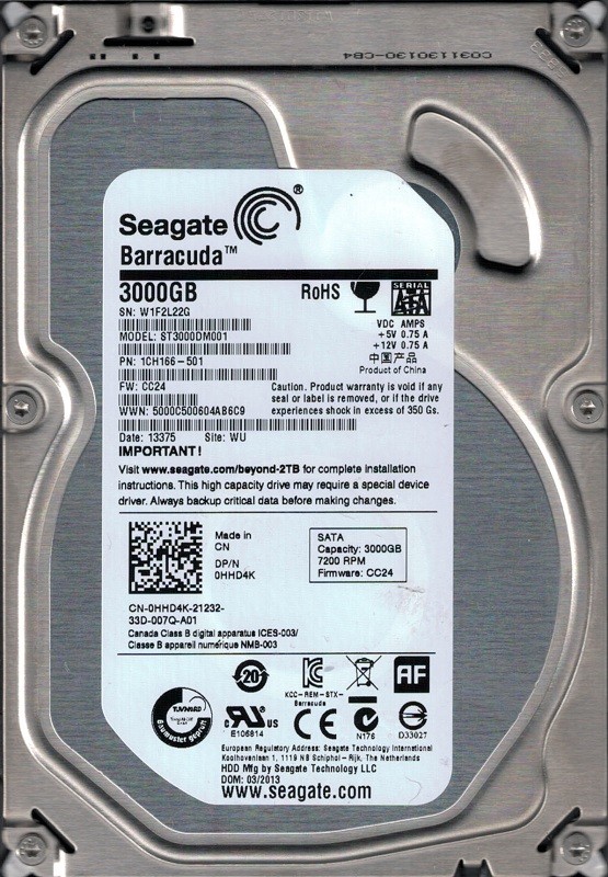 ST3000DM001 P/N: 1CH166-501 F/W: CC24 WU W1F Seagate 3TB Desktop HDD
