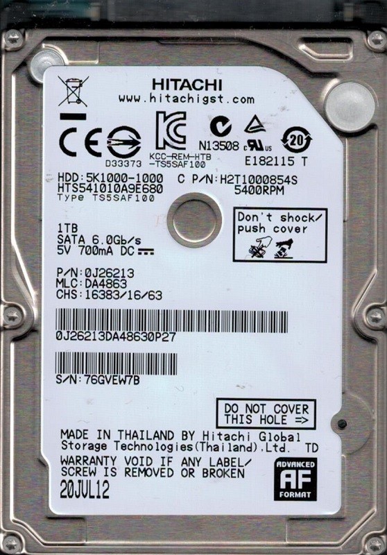 HTS541010A9E680 MLC: DA4863 P/N: 0J26213 Hitachi 1TB