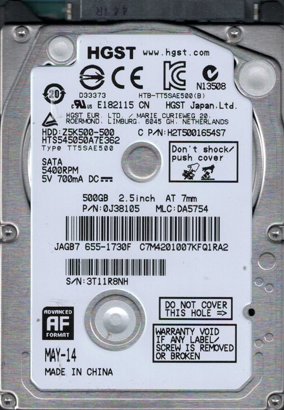 HTS545050A7E362 P/N: 0J38105 MLC: DA5754 MAC 655-1730F China HGST 500GB
