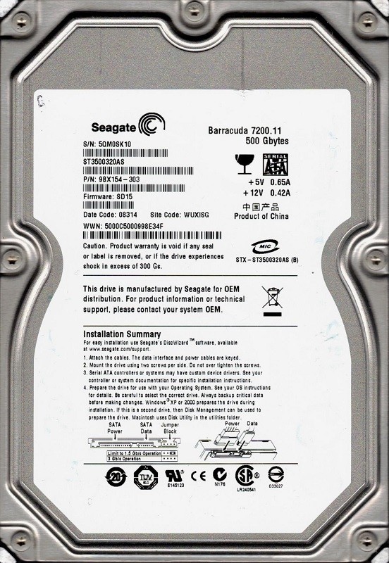 Seagate ST3500320AS F/W: SD15 P/N: 9BX154-303 WUXISG 5QM 500GB
