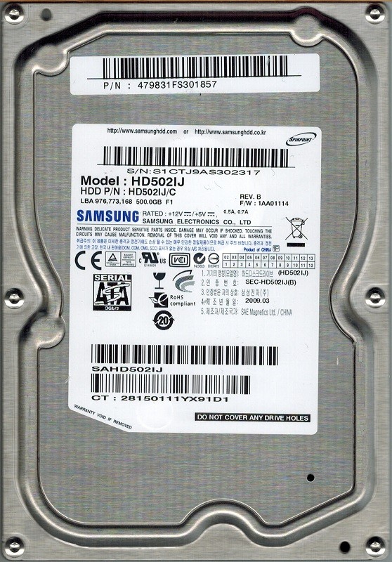 Samsung HD502IJ/C SPINPOINT 500GB SATA F/W: 1AA01114