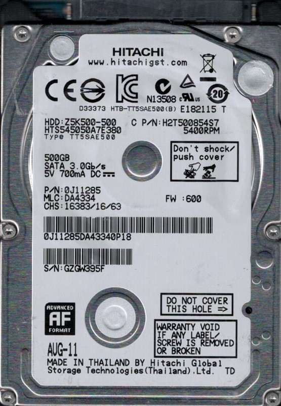 HTS545050A7E380 P/N: 0J11285 MLC: DA4334 Hitachi 500GB