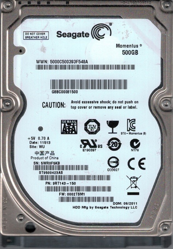 ST9500423AS P/N: 9RT143-150 F/W: 0002TSM1 WU 5WR Seagate 500GB