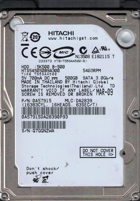 Hitachi HTS545050B9A300 MLC: DA2839 P/N: 0A57915 Thailand 500GB