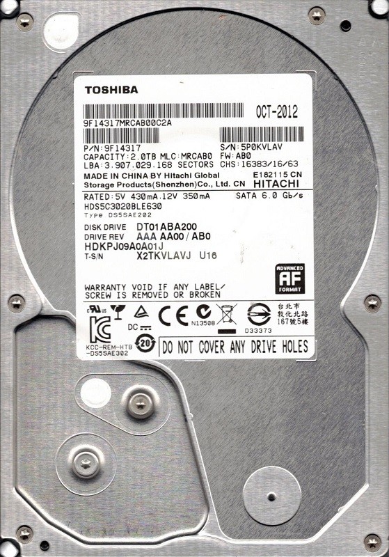 DT01ABA200 HDS5C3020BLE630 P/N: 9F14317 MLC: MRCAB0 China Toshiba 2TB