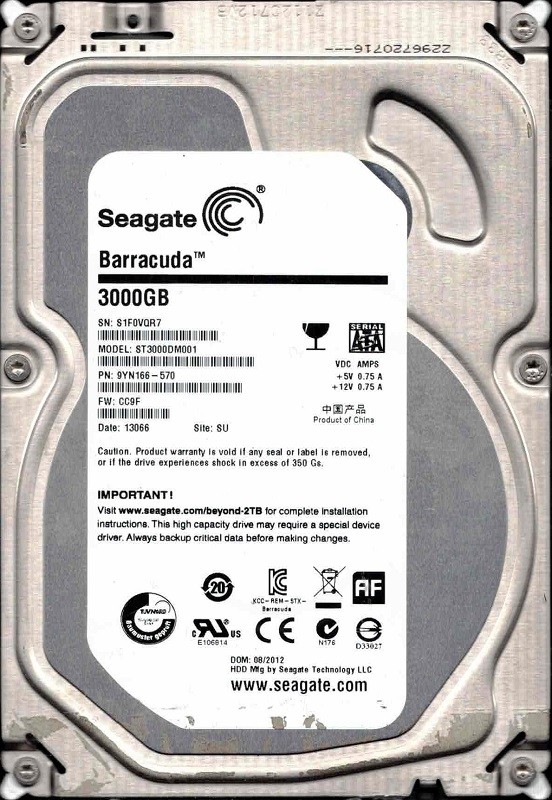ST3000DM001 P/N: 9YN166-570 F/W: CC9F SU S1F 08/2012 Seagate 3TB