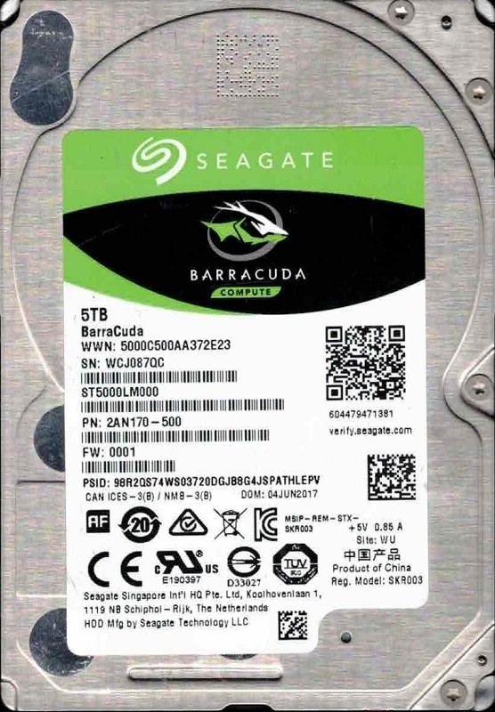ST5000LM000 F/W: 0001 P/N: 2AN170-500 WU WCJ0 JUN 2017 Seagate 5TB