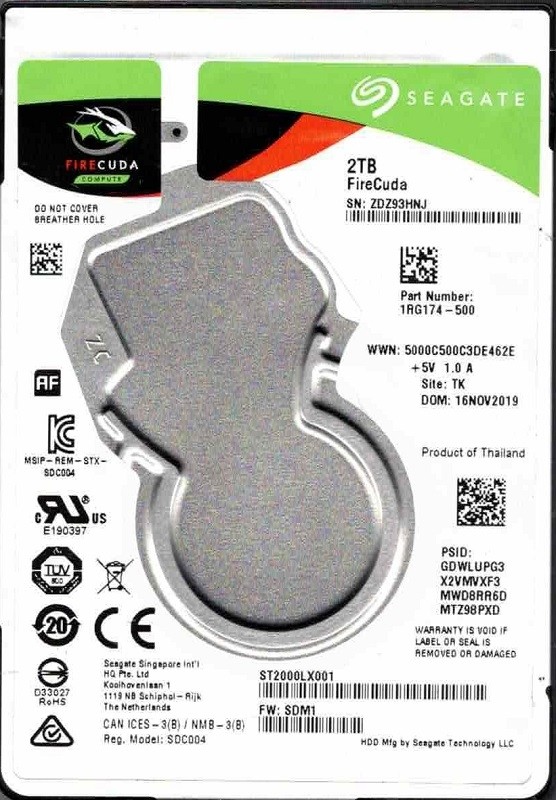 ST2000LX001 P/N: 1RG174-500 F/W: SDM1 TK ZDZ9 NOV 2019 Seagate 2TB