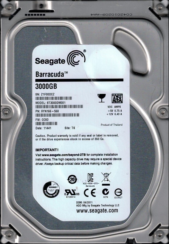 ST3000DM001 P/N: 9YN166-568 F/W: CC93 TK Z1F0 Seagate 3TB