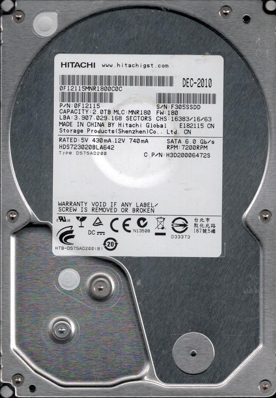 Hitachi HDS723020BLA642 P/N: 0F12115 MLC: MNR180 China 2TB