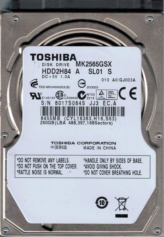 MK2565GSX HDD2H84 A SL01 S China Toshiba 250GB