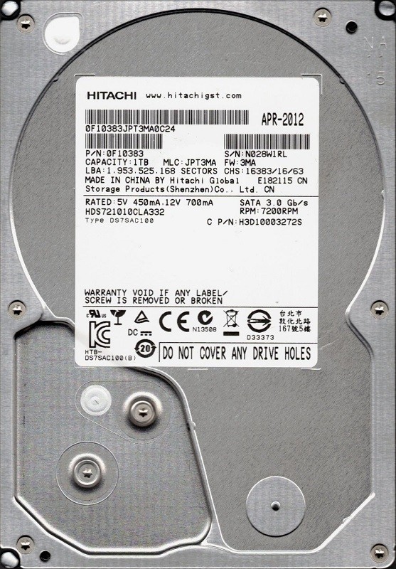 Hitachi HDS721010CLA332 P/N: 0F10383 MLC: JPT3MA 1TB 2.5" HDD