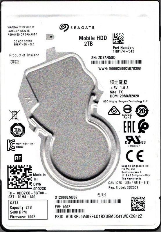 ST2000LM007 P/N: 1R8174-542 F/W: 1002 TK ZDZA 2TB Seagate Mobile HDD