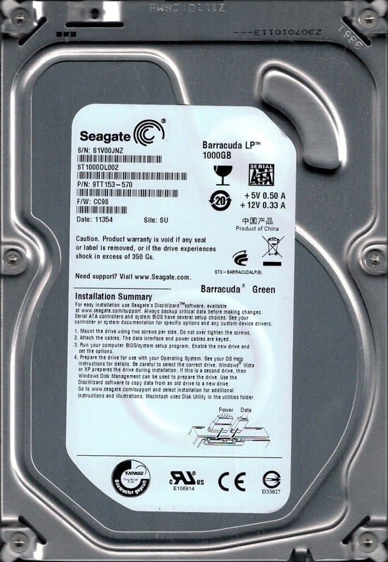 ST1000DL002 P/N: 9TT153-570 F/W: CC98 SU S1V Seagate 1TB