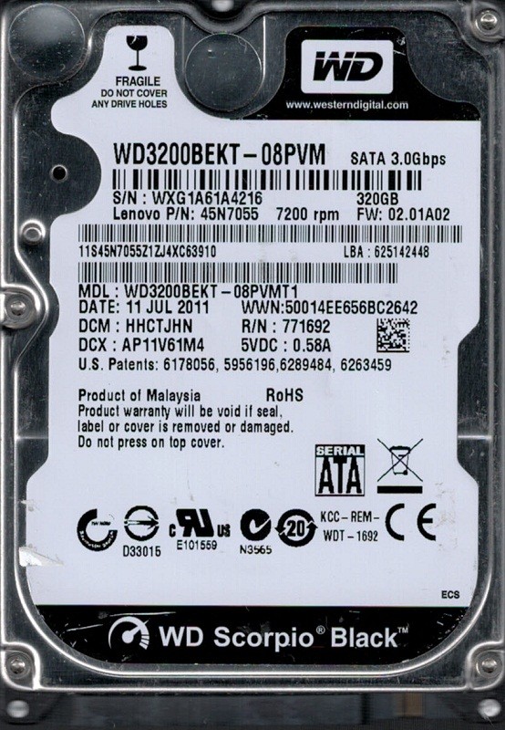 WD3200BEKT-08PVMT1 DCM: HHCTJHN WXG1A Western Digital 320GB