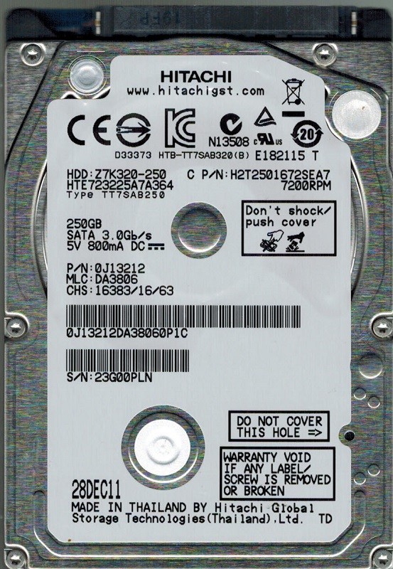 Hitachi HTE723225A7A364 P/N: 0J13212 MLC: DA3806 250GB