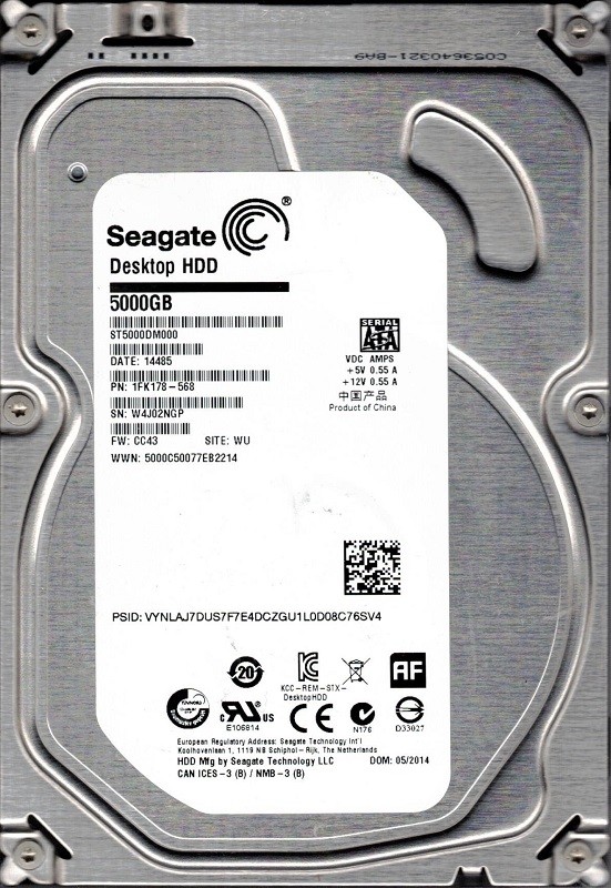 ST5000DM000 P/N: 1FK178-568 F/W: CC43 WU W4J Seagate 5TB Desktop HDD