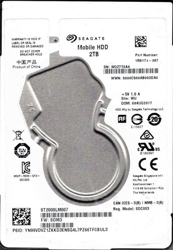 ST2000LM007 P/N: 1R8174-287 F/W: SDM3 WU WDZ7 Seagate 2TB Mobile HDD