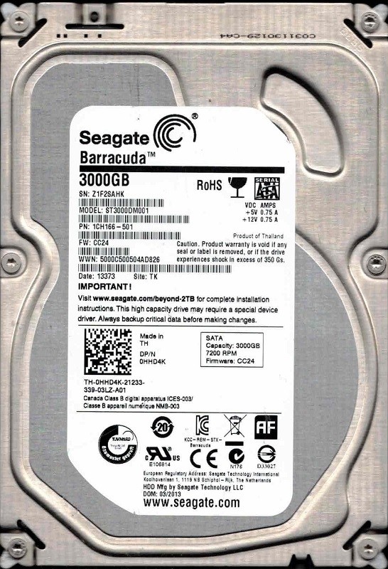 ST3000DM001 P/N: 1CH166-501 F/W: CC24 TK Z1F 03/2013 Seagate 3TB