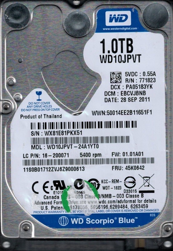 WD10JPVT-24A1YT0 DCM: EBCVJBNB WX81E Western Digital 1TB