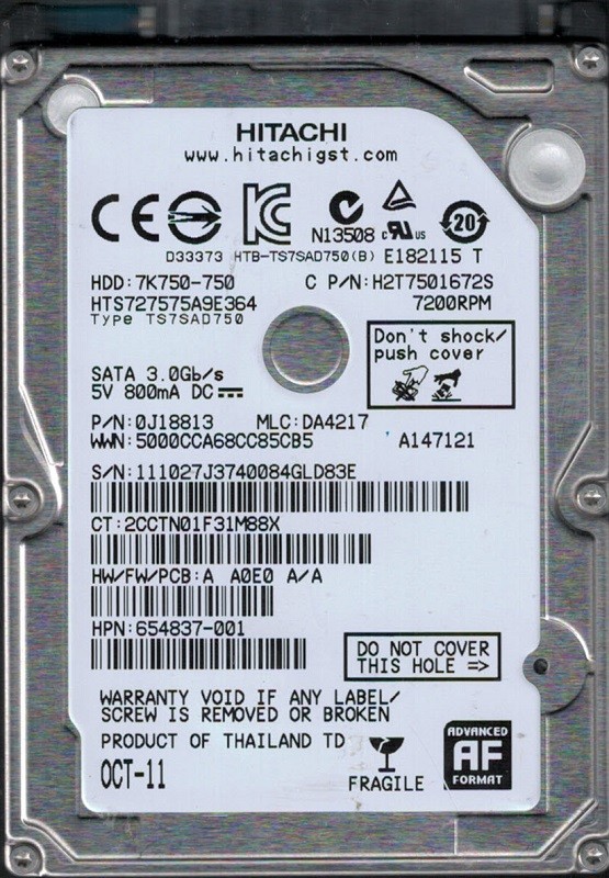 HTS727575A9E364 P/N: 0J18813 MLC: DA4217 Hitachi 750GB