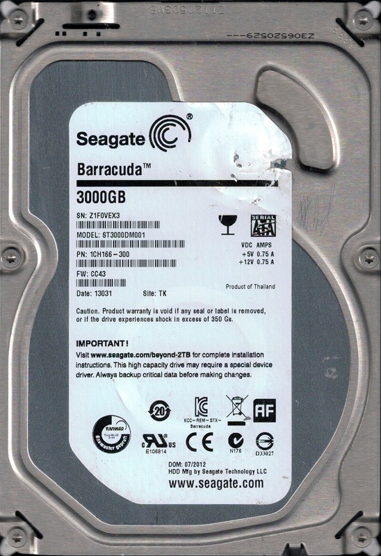ST3000DM001 P/N: 1CH166-300 F/W: CC43 TK Z1F Seagate 3TB Desktop HDD