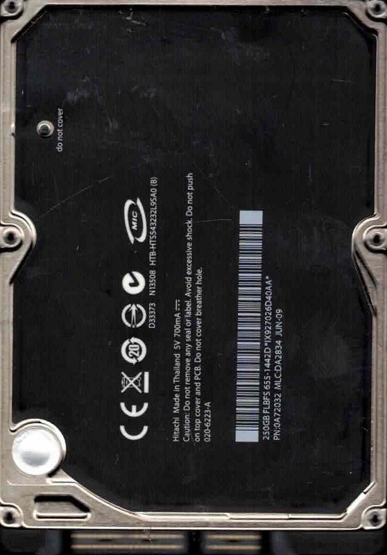 HTS543232L9SA0 P/N: 0A72032 MLC: DA2834 MAC 655-1442D JUN 2009 Hitachi 250GB