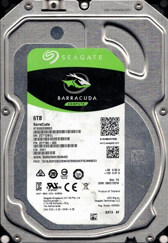 ST6000DM003 P/N: 2CY186-300 F/W: 0001 TK ZCT1 OCT 2019 Seagate 6TB