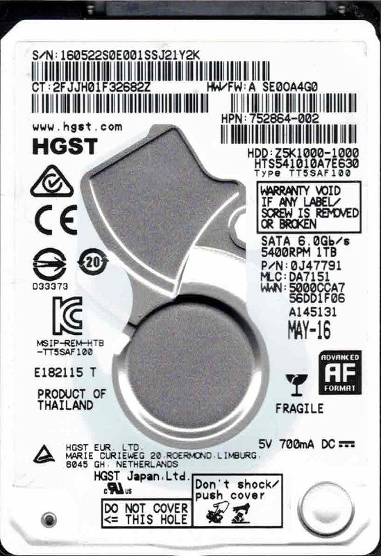 HTS541010A7E630 P/N: 0J47791 MLC: DA7151 Thailand MAY 2016 HGST 1TB