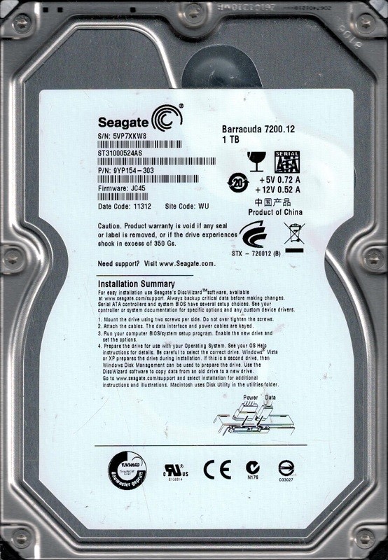 Seagate ST31000524AS P/N: 9YP154-303 F/W: JC45 WU 5VP 1TB