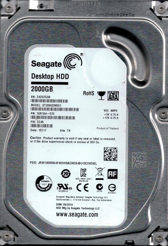 Seagate ST2000DM001 F/W: CC45 P/N: 1ER164-570 TK Z4Z 2TB Desktop Hard Drive