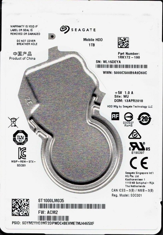 ST1000LM035 P/N: 1RK172-190 F/W: ACM2 WU WL1 Seagate 1TB Mobile HDD