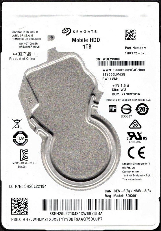 ST1000LM035 P/N: 1RK172-070 F/W: LVM1 WU WDE Seagate 1TB