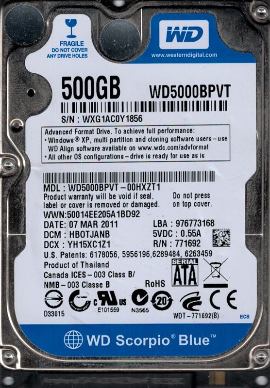 WD5000BPVT-00HXZT1 DCM: HBOTJANB WXG1A Western Digital 500GB