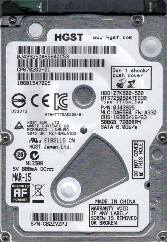 HTS725050A7E630 P/N: 0J43925 MLC: DA6584 China HGST 500GB