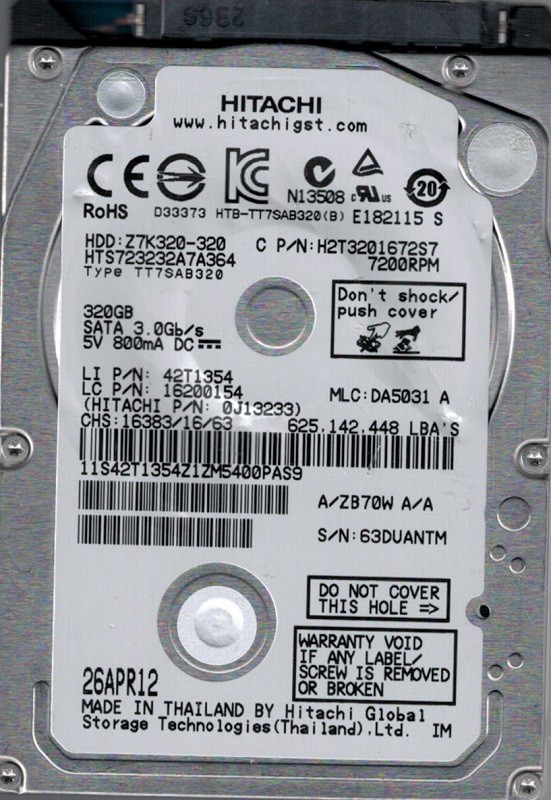 Hitachi HTS723232A7A364 320GB P/N: 0J13233 MLC: DA5031 