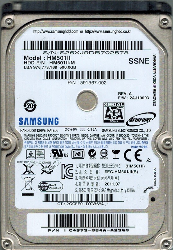 Samsung HM501II/M SPINPOINT P/N: C4573-G84A-A23QG F/W: 2AJ10003 500GB