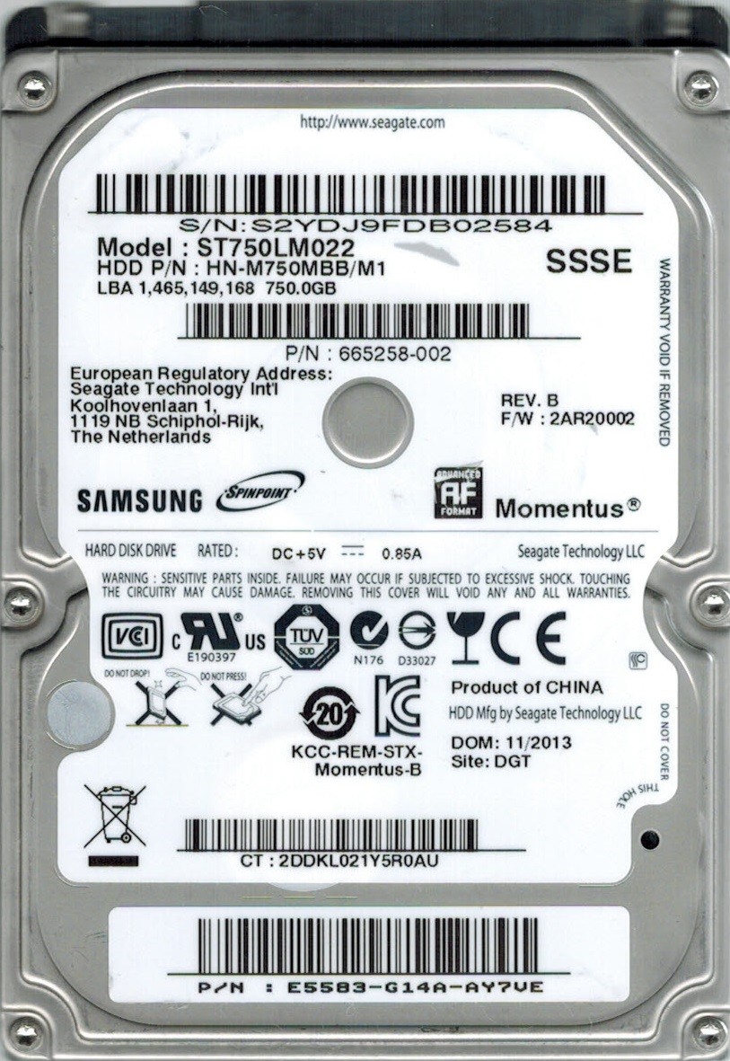 Samsung ST750LM022 HN-M750MBB/M1 750GB P/N: E5583-G14A-AY7VE Seagate