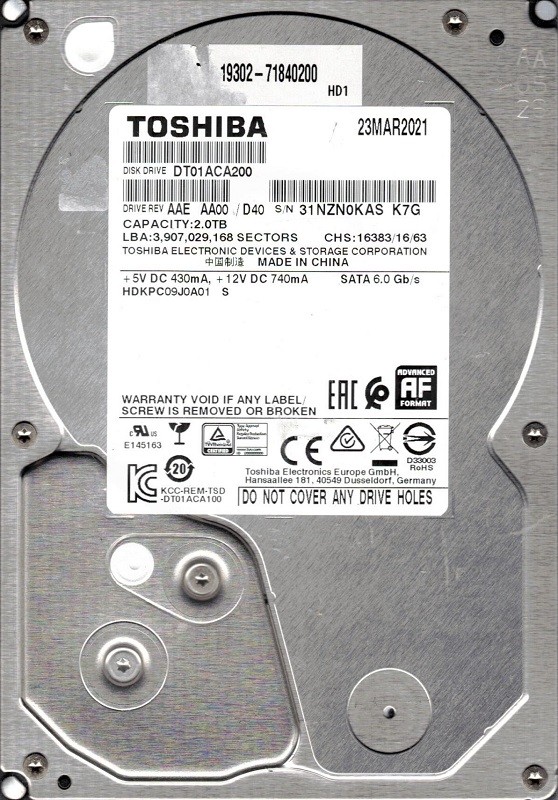 DT01ACA200 AAE AA00/D40 HDKPC09J0A01 S CHINA Toshiba 2TB