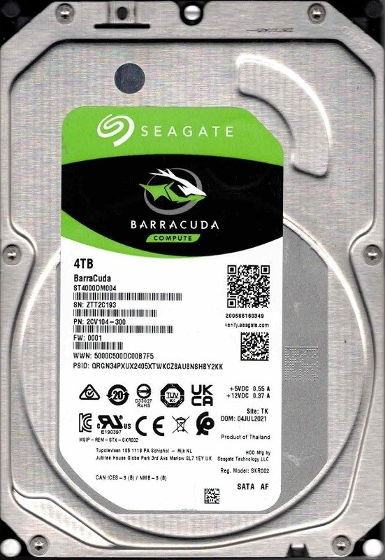 ST4000DM004 P/N: 2CV104-300 F/W: 0001 TK ZTT2 JUL 2021 Seagate 4TB